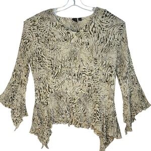 Milano Series Blouse Womens XL Brown Abstract Animal Print Bell Sleeve Sharkbite